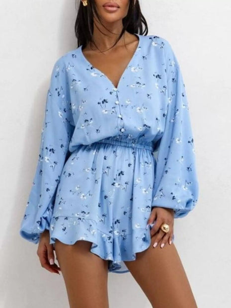 Floral V - Neck Long Sleeve Romper with Elastic Waist - MimiStylez