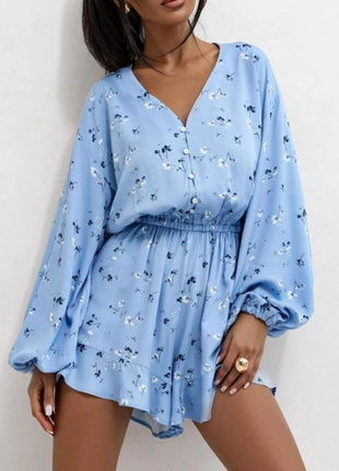 Floral V - Neck Long Sleeve Romper with Elastic Waist - MimiStylez