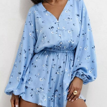 Floral V - Neck Long Sleeve Romper with Elastic Waist - MimiStylez