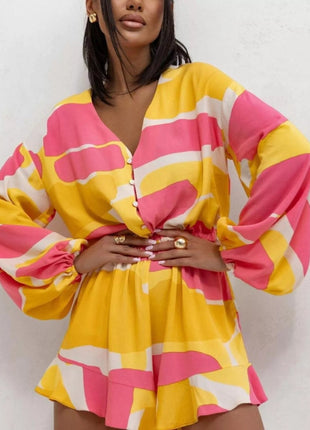 Floral V - Neck Long Sleeve Romper with Elastic Waist - MimiStylez