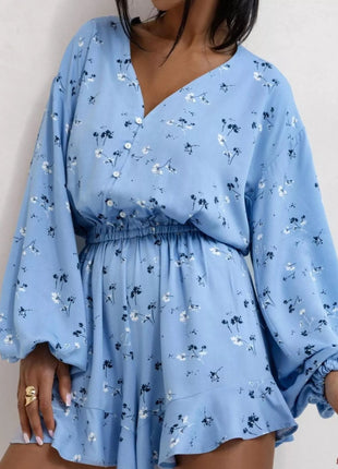 Floral V - Neck Long Sleeve Romper with Elastic Waist - MimiStylez