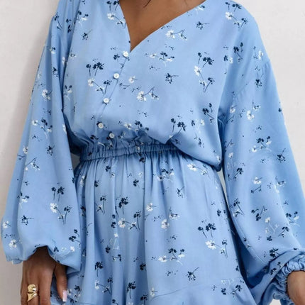 Floral V - Neck Long Sleeve Romper with Elastic Waist - MimiStylez