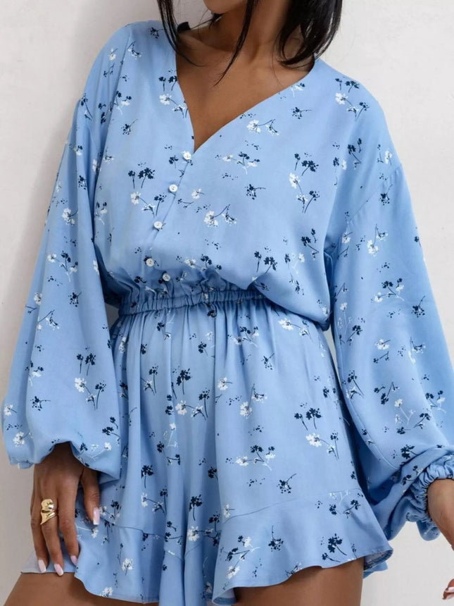 Floral V - Neck Long Sleeve Romper with Elastic Waist - MimiStylez