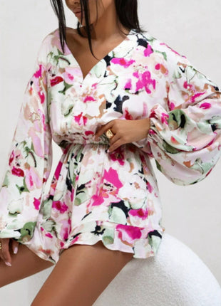 Floral V - Neck Long Sleeve Romper with Elastic Waist - MimiStylez