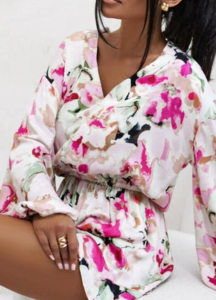 Floral V - Neck Long Sleeve Romper with Elastic Waist - MimiStylez