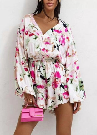 Floral V - Neck Long Sleeve Romper with Elastic Waist - MimiStylez
