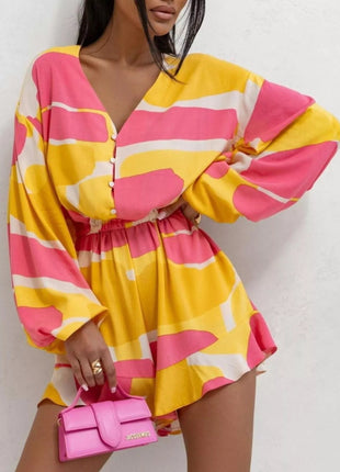 Floral V - Neck Long Sleeve Romper with Elastic Waist - MimiStylez