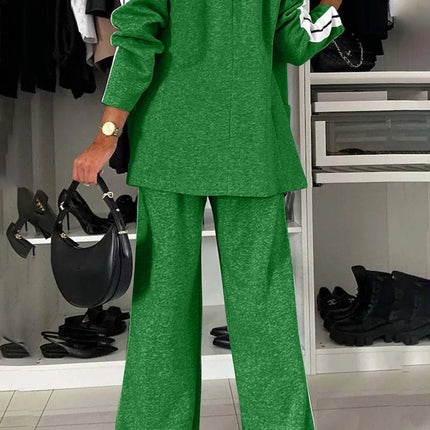Full Size Contrast Lapel Collar Top and Pants Set - MimiStylez