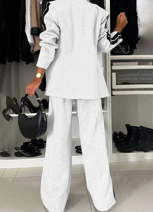 Full Size Contrast Lapel Collar Top and Pants Set - MimiStylez