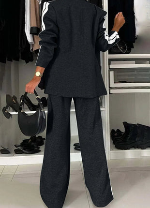 Full Size Contrast Lapel Collar Top and Pants Set - MimiStylez