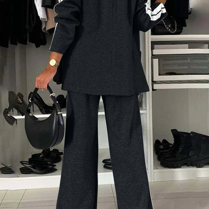 Full Size Contrast Lapel Collar Top and Pants Set - MimiStylez