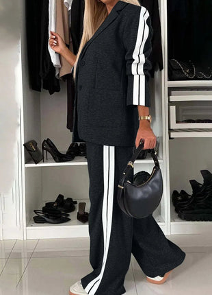 Full Size Contrast Lapel Collar Top and Pants Set - MimiStylez