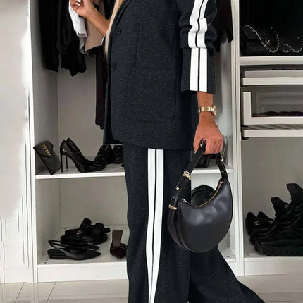 Full Size Contrast Lapel Collar Top and Pants Set - MimiStylez