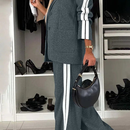 Full Size Contrast Lapel Collar Top and Pants Set - MimiStylez