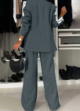 Full Size Contrast Lapel Collar Top and Pants Set - MimiStylez