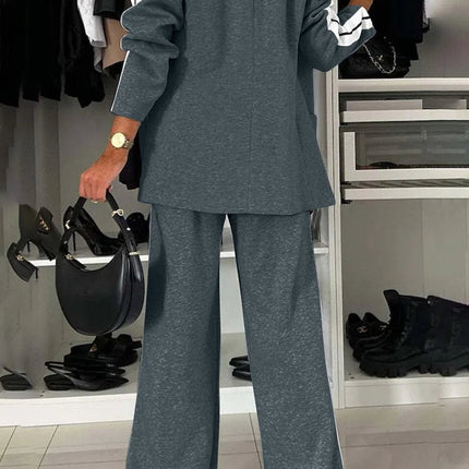 Full Size Contrast Lapel Collar Top and Pants Set - MimiStylez