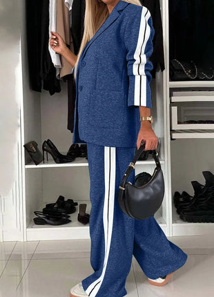 Full Size Contrast Lapel Collar Top and Pants Set - MimiStylez