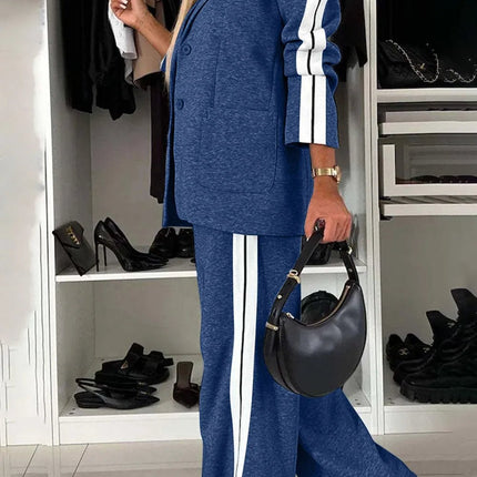 Full Size Contrast Lapel Collar Top and Pants Set - MimiStylez