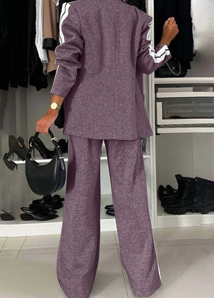 Full Size Contrast Lapel Collar Top and Pants Set - MimiStylez