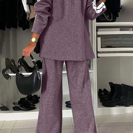 Full Size Contrast Lapel Collar Top and Pants Set - MimiStylez