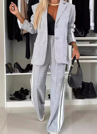 Full Size Contrast Lapel Collar Top and Pants Set - MimiStylez