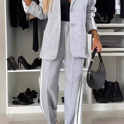 Full Size Contrast Lapel Collar Top and Pants Set - MimiStylez
