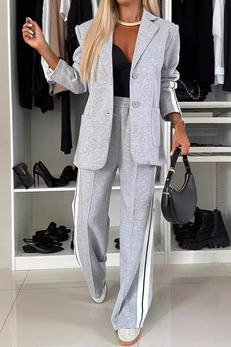 Full Size Contrast Lapel Collar Top and Pants Set - MimiStylez