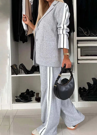 Full Size Contrast Lapel Collar Top and Pants Set - MimiStylez