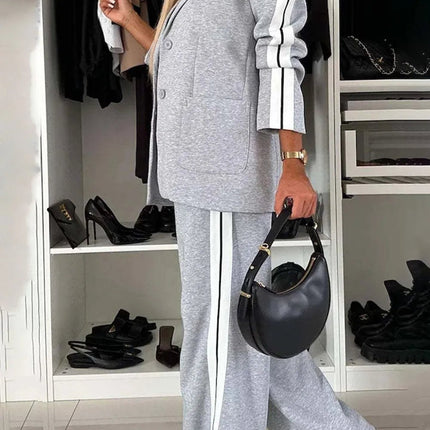 Full Size Contrast Lapel Collar Top and Pants Set - MimiStylez
