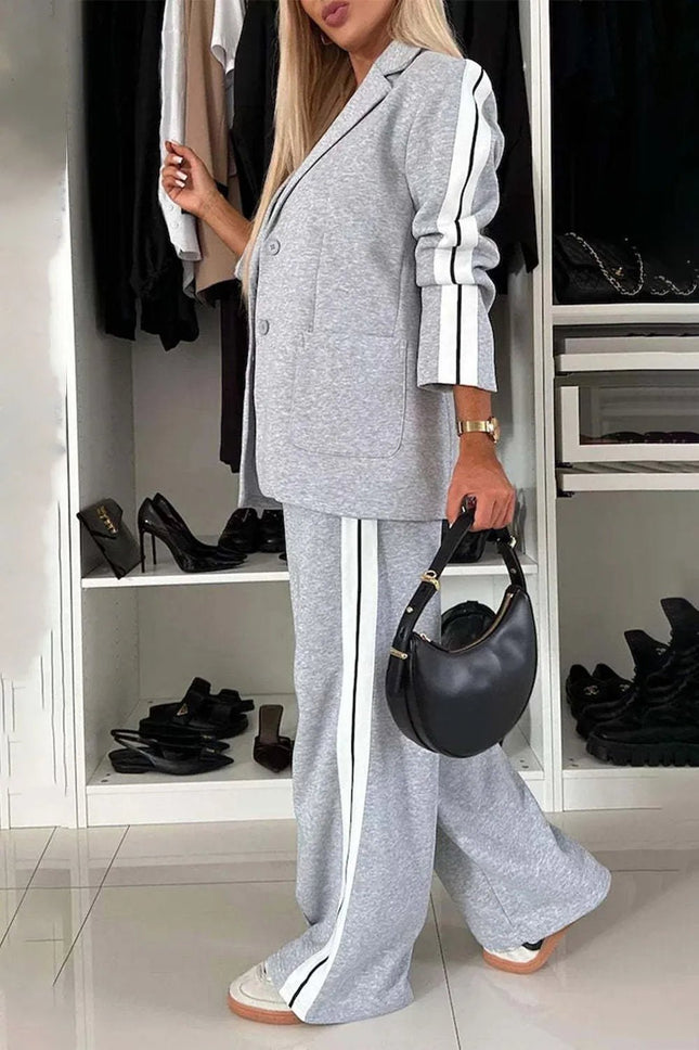 Full Size Contrast Lapel Collar Top and Pants Set - MimiStylez