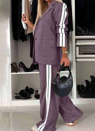 Full Size Contrast Lapel Collar Top and Pants Set - MimiStylez