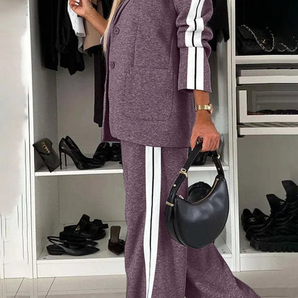 Full Size Contrast Lapel Collar Top and Pants Set - MimiStylez