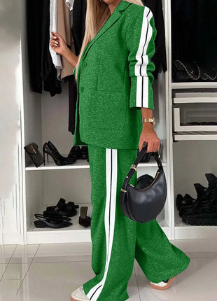 Full Size Contrast Lapel Collar Top and Pants Set - MimiStylez