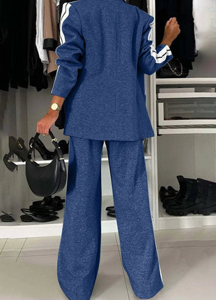 Full Size Contrast Lapel Collar Top and Pants Set - MimiStylez