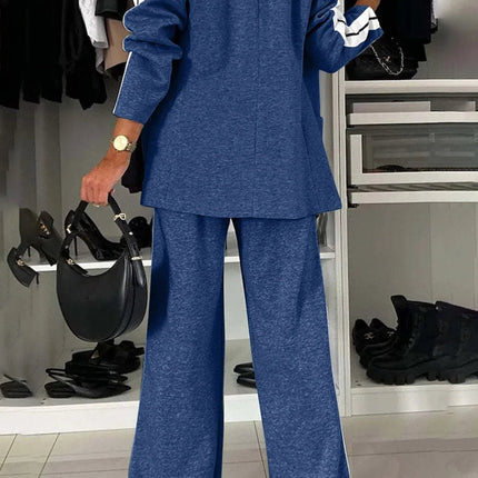 Full Size Contrast Lapel Collar Top and Pants Set - MimiStylez