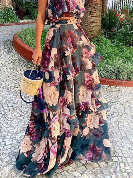 Full Size Floral Cami and Layered Skirt Set Plus Size - MimiStylez