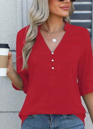 Full Size Notched Flounce Sleeve Blouse Plus Size - MimiStylez