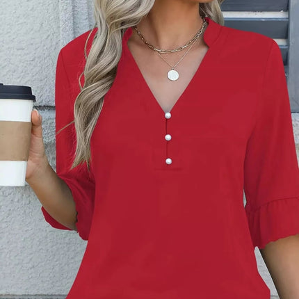 Full Size Notched Flounce Sleeve Blouse Plus Size - MimiStylez