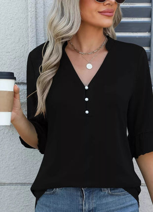 Full Size Notched Flounce Sleeve Blouse Plus Size - MimiStylez