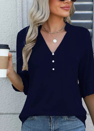 Full Size Notched Flounce Sleeve Blouse Plus Size - MimiStylez