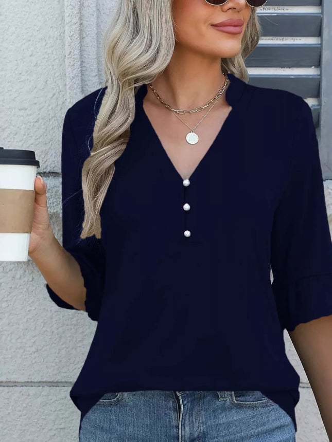 Full Size Notched Flounce Sleeve Blouse Plus Size - MimiStylez
