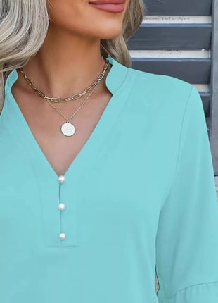 Full Size Notched Flounce Sleeve Blouse Plus Size - MimiStylez