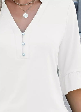 Full Size Notched Flounce Sleeve Blouse Plus Size - MimiStylez