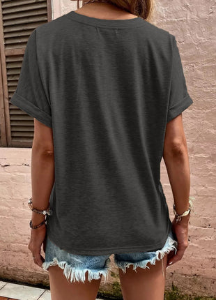 Full Size Notched Short Rolled Sleeve Top Plus Size - MimiStylez