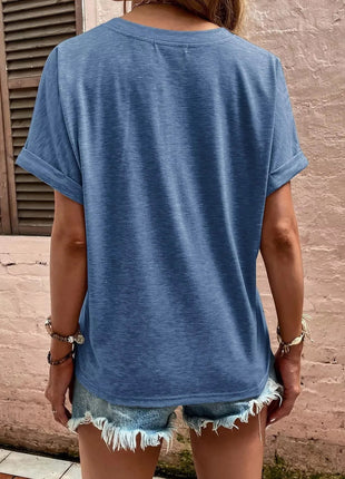 Full Size Notched Short Rolled Sleeve Top Plus Size - MimiStylez