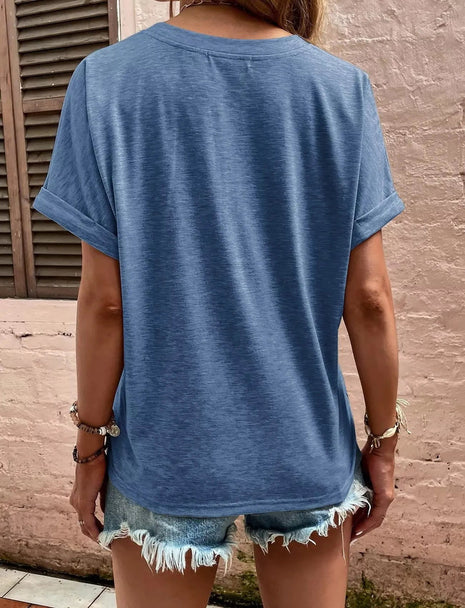 Full Size Notched Short Rolled Sleeve Top Plus Size - MimiStylez