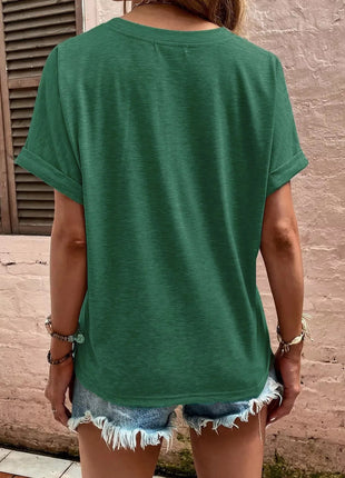 Full Size Notched Short Rolled Sleeve Top Plus Size - MimiStylez