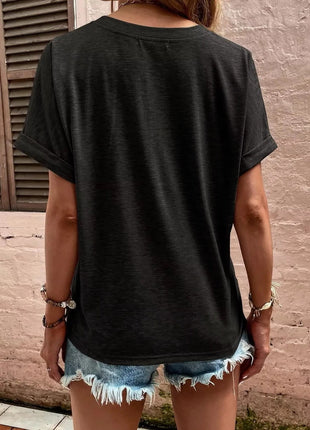 Full Size Notched Short Rolled Sleeve Top Plus Size - MimiStylez