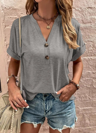 Full Size Notched Short Rolled Sleeve Top Plus Size - MimiStylez