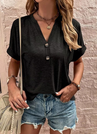 Full Size Notched Short Rolled Sleeve Top Plus Size - MimiStylez